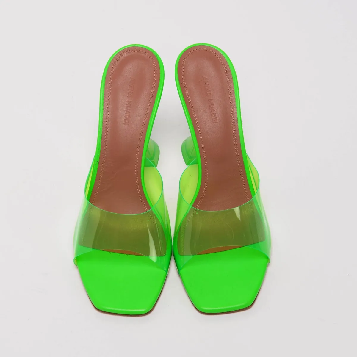 Amina Muaddi Fluro Green PVC Lupita Glass Sandals 40