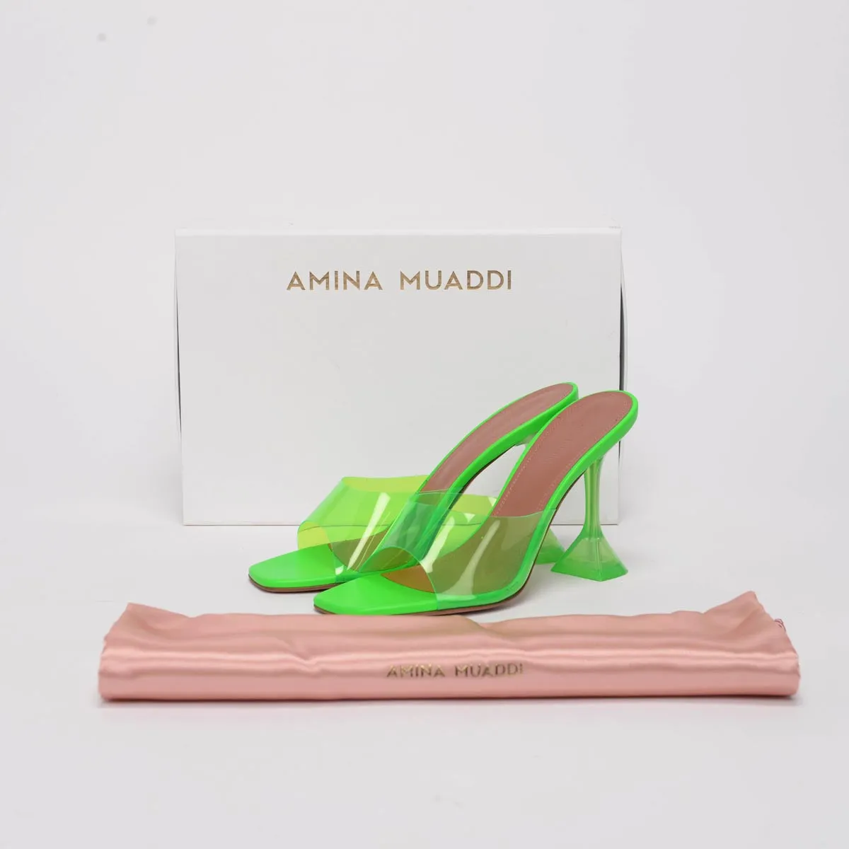 Amina Muaddi Fluro Green PVC Lupita Glass Sandals 40