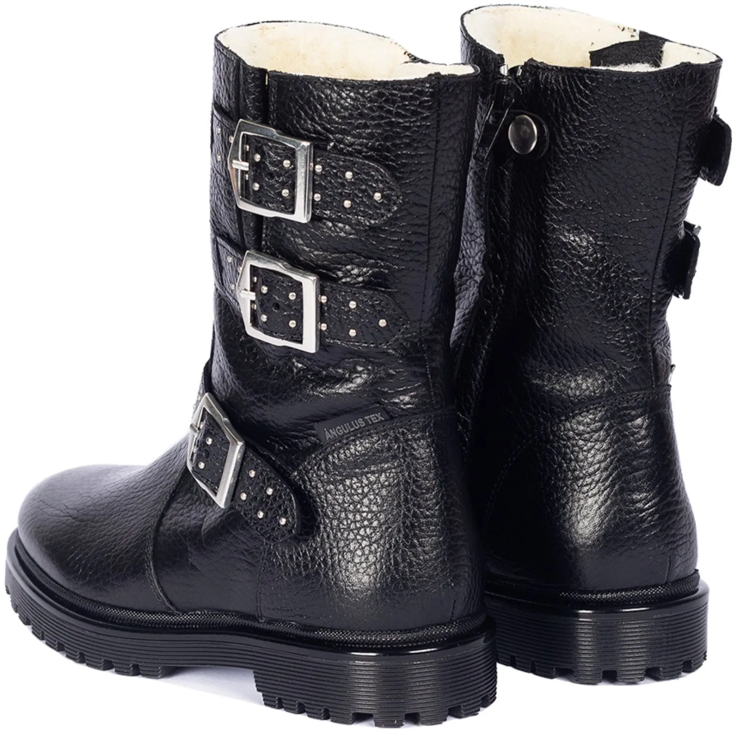 Angulus Black Tex Riveted Buckle Boot with Zipper – Stylish and Durable Footwear