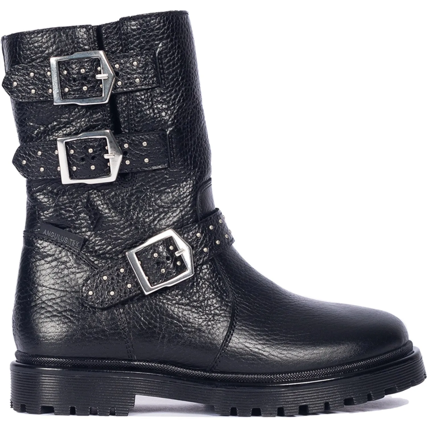 Angulus Black Tex Riveted Buckle Boot with Zipper – Stylish and Durable Footwear