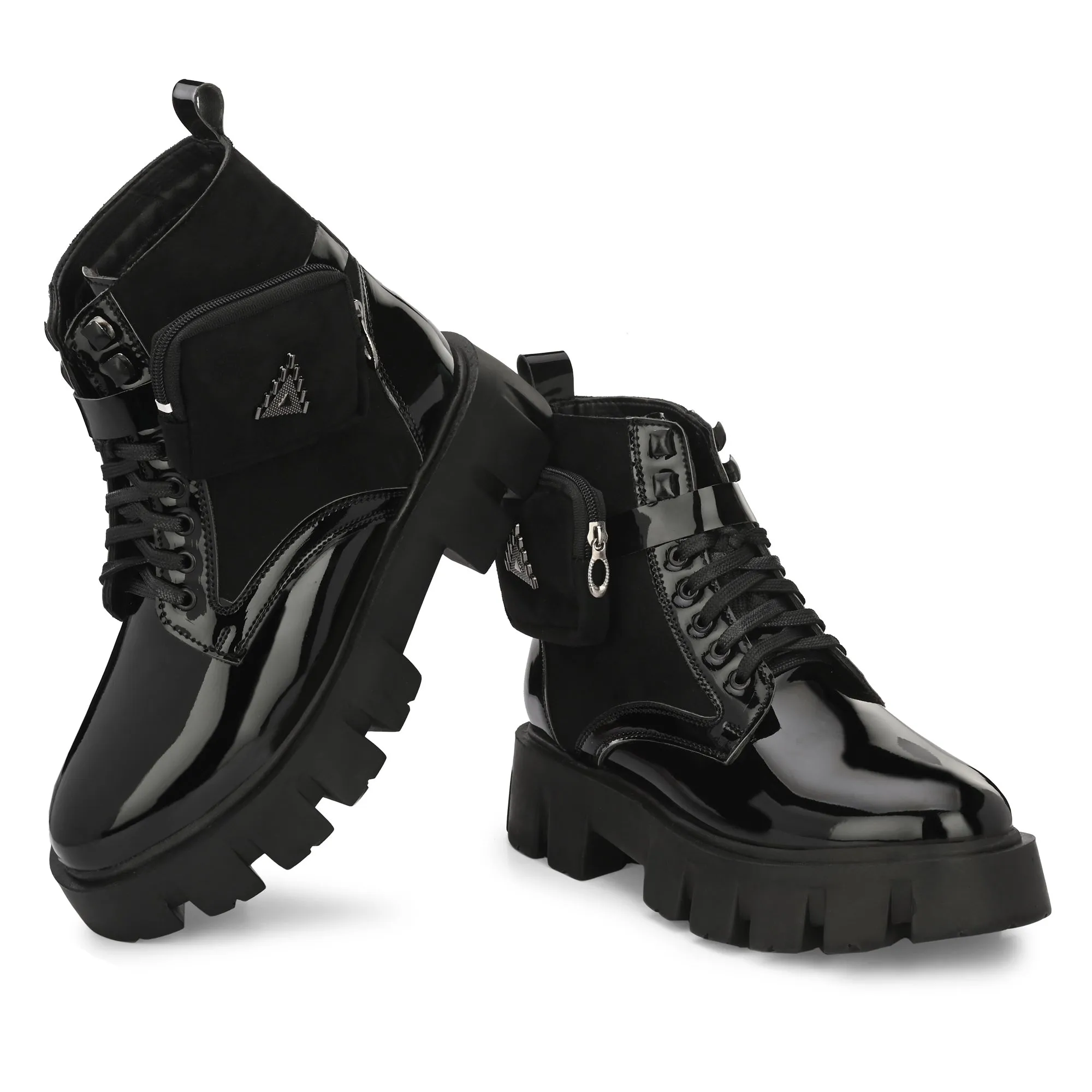 Attitudist Unisex Black Velvet Upper High Heel Pocket Boots