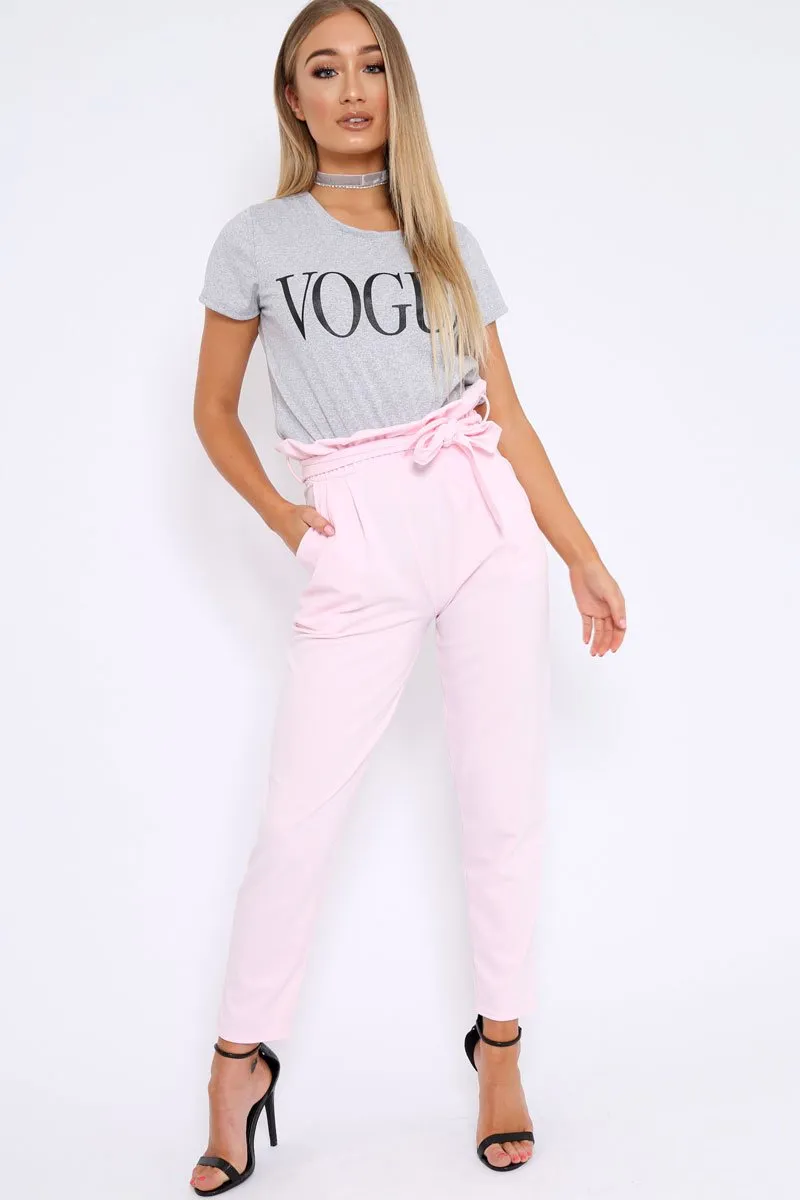 Baby Pink Paper Bag Tie Waist Cigarette Trousers - Karmen