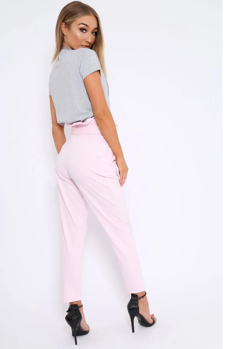 Baby Pink Paper Bag Tie Waist Cigarette Trousers - Karmen