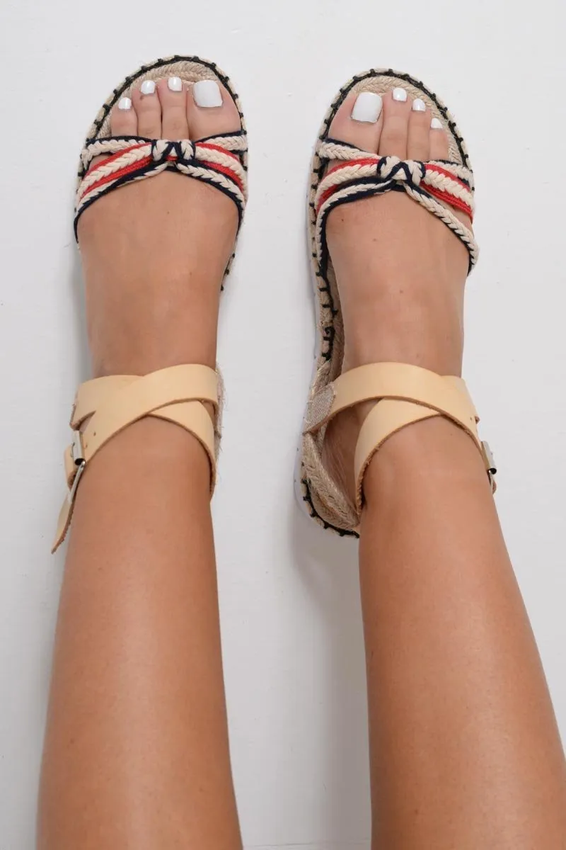 Beige Woven PU Ankle Strap Sandals - Callan