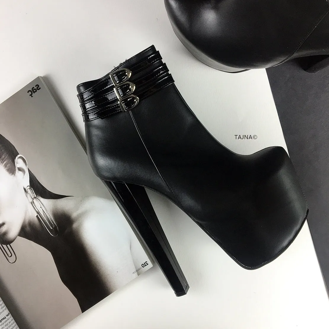 Belted Ankle Black Platform Boots