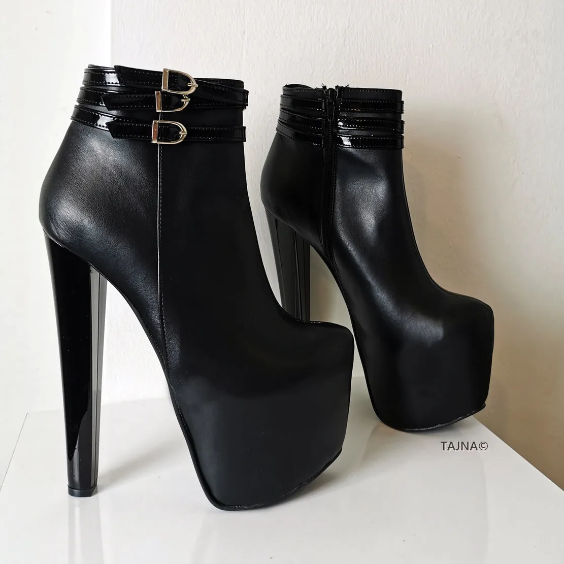 Belted Ankle Black Platform Boots