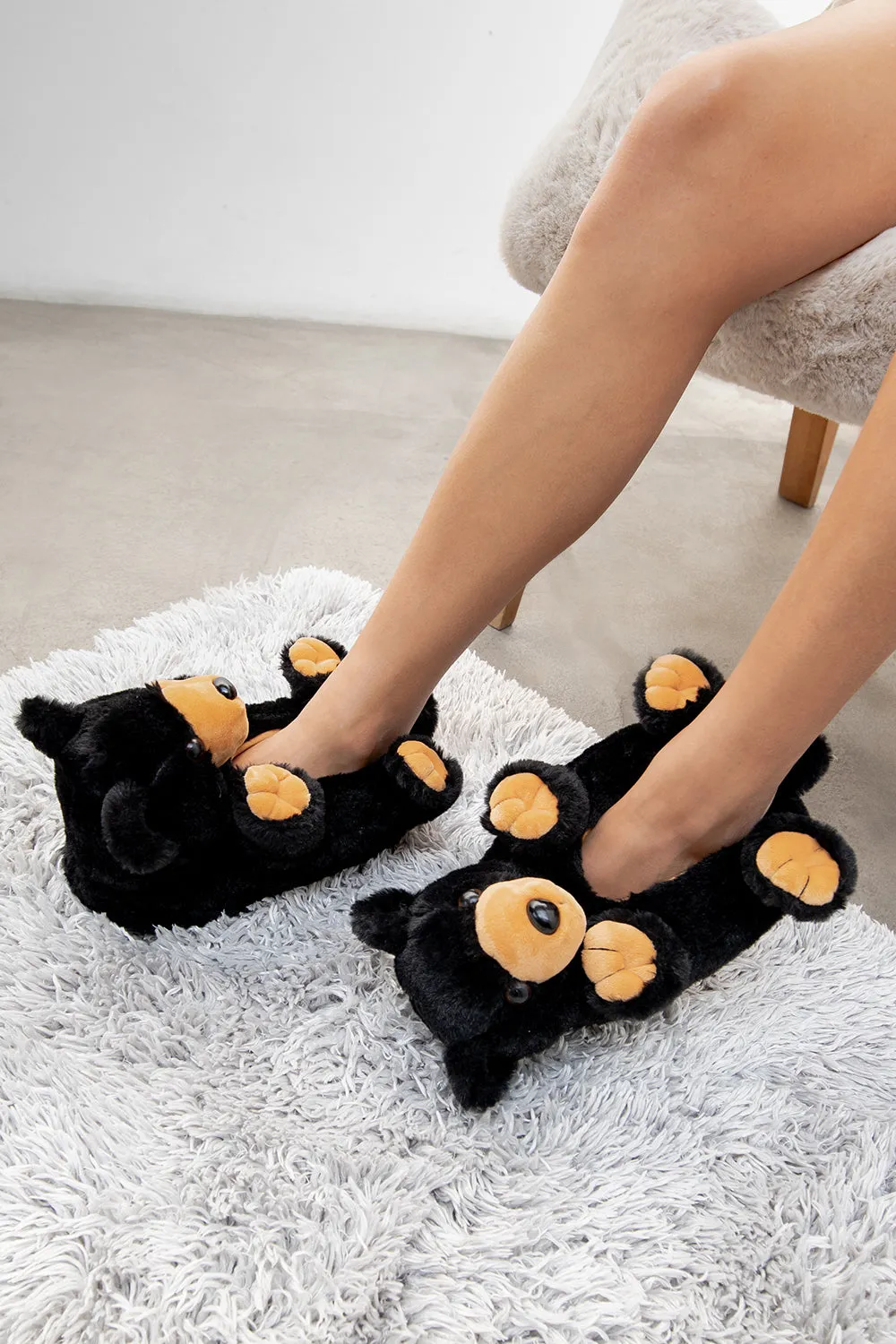 Cozy Black Bear Hug Plush Slippers