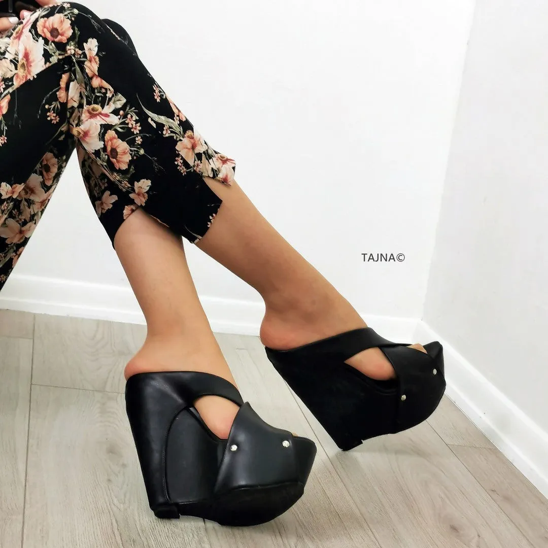 Black Cross High Heel Wedge Mules