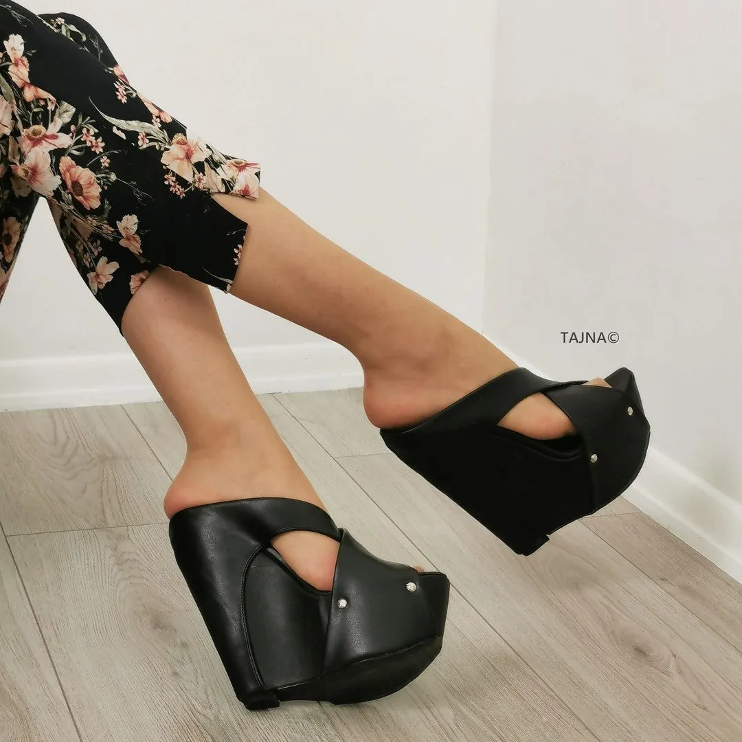 Black Cross High Heel Wedge Mules