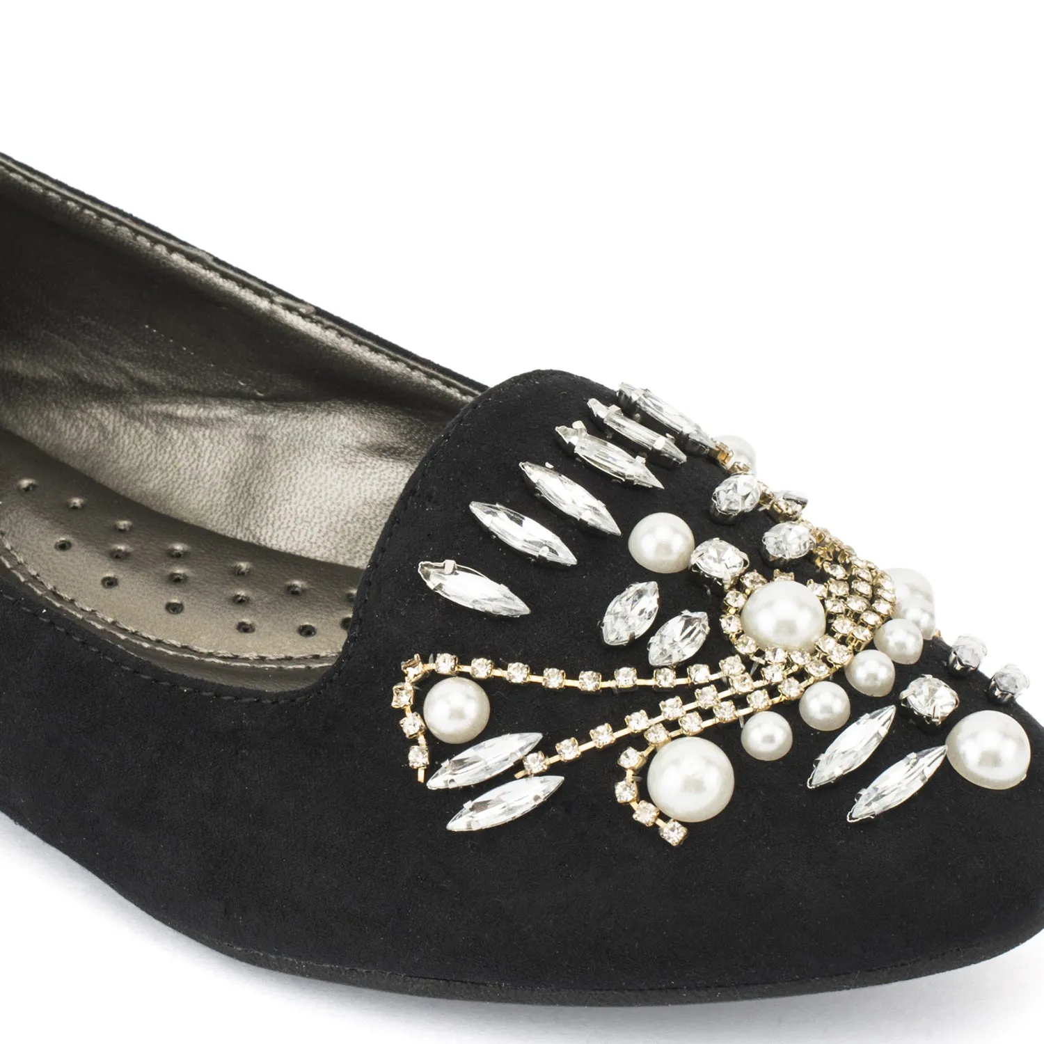 Black Flat Pearl Diamante Pumps