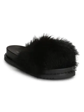 Black Fur Studded Slip-on Flats