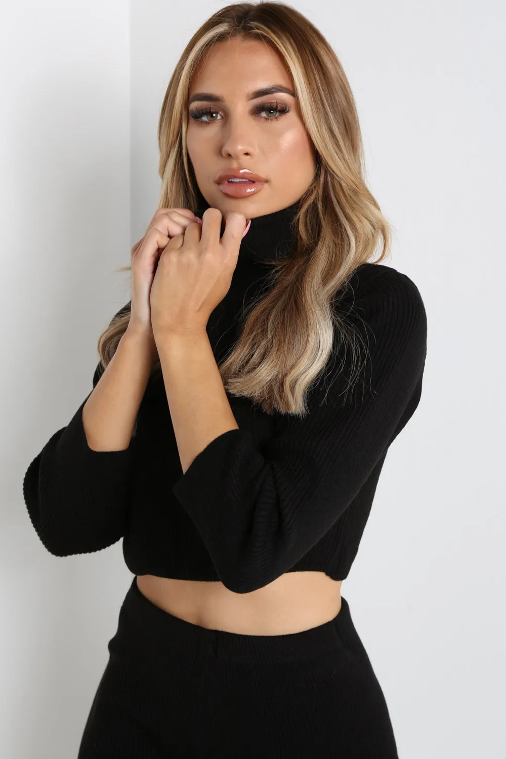 Black High Neck Cropped Loungewear Set