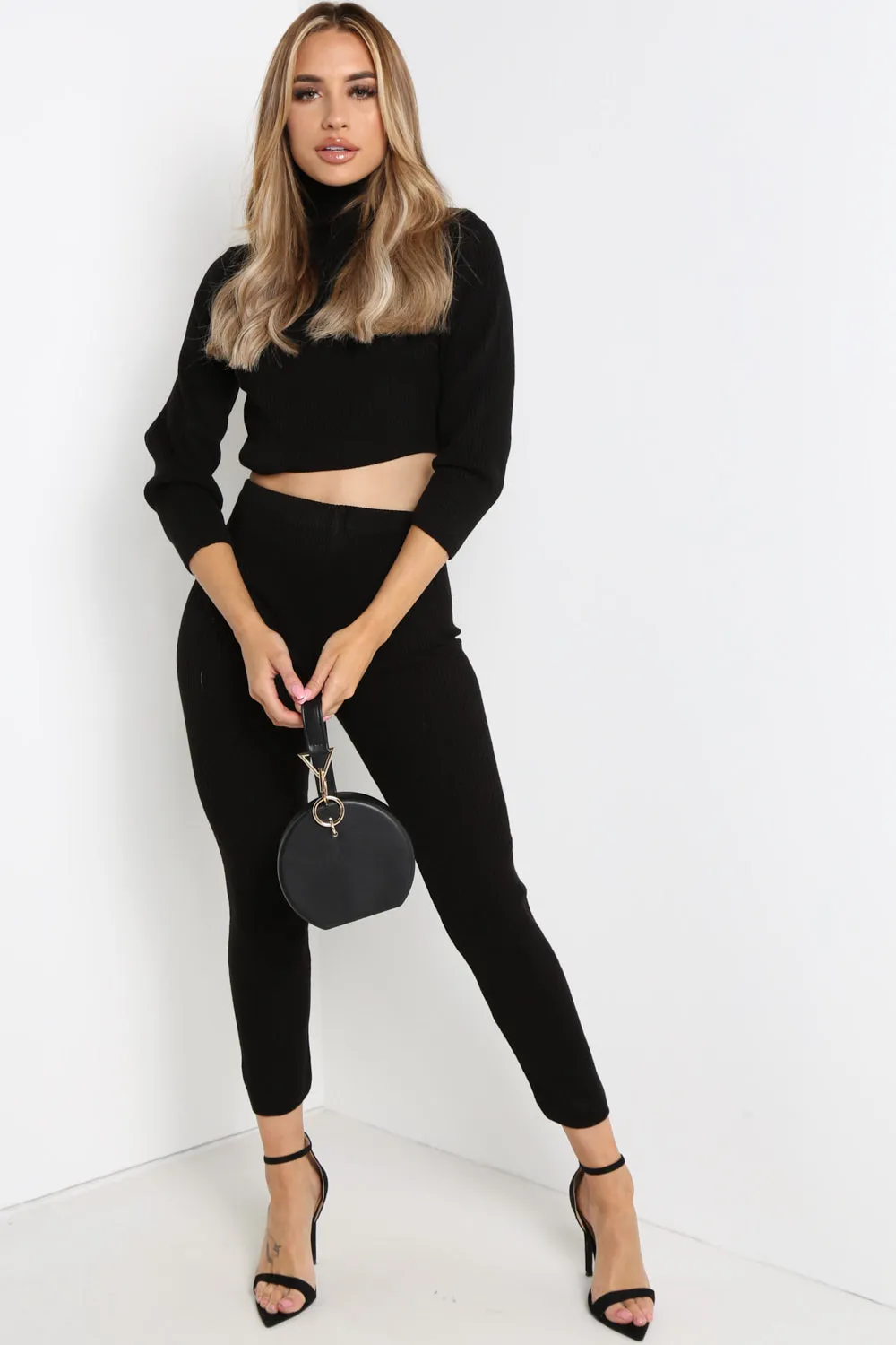 Black High Neck Cropped Loungewear Set