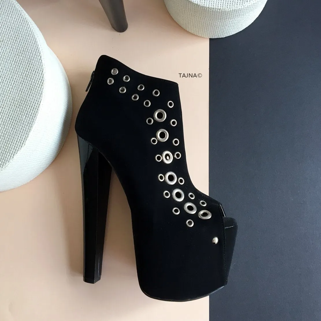 Black Metal Pinned Ankle Platforms