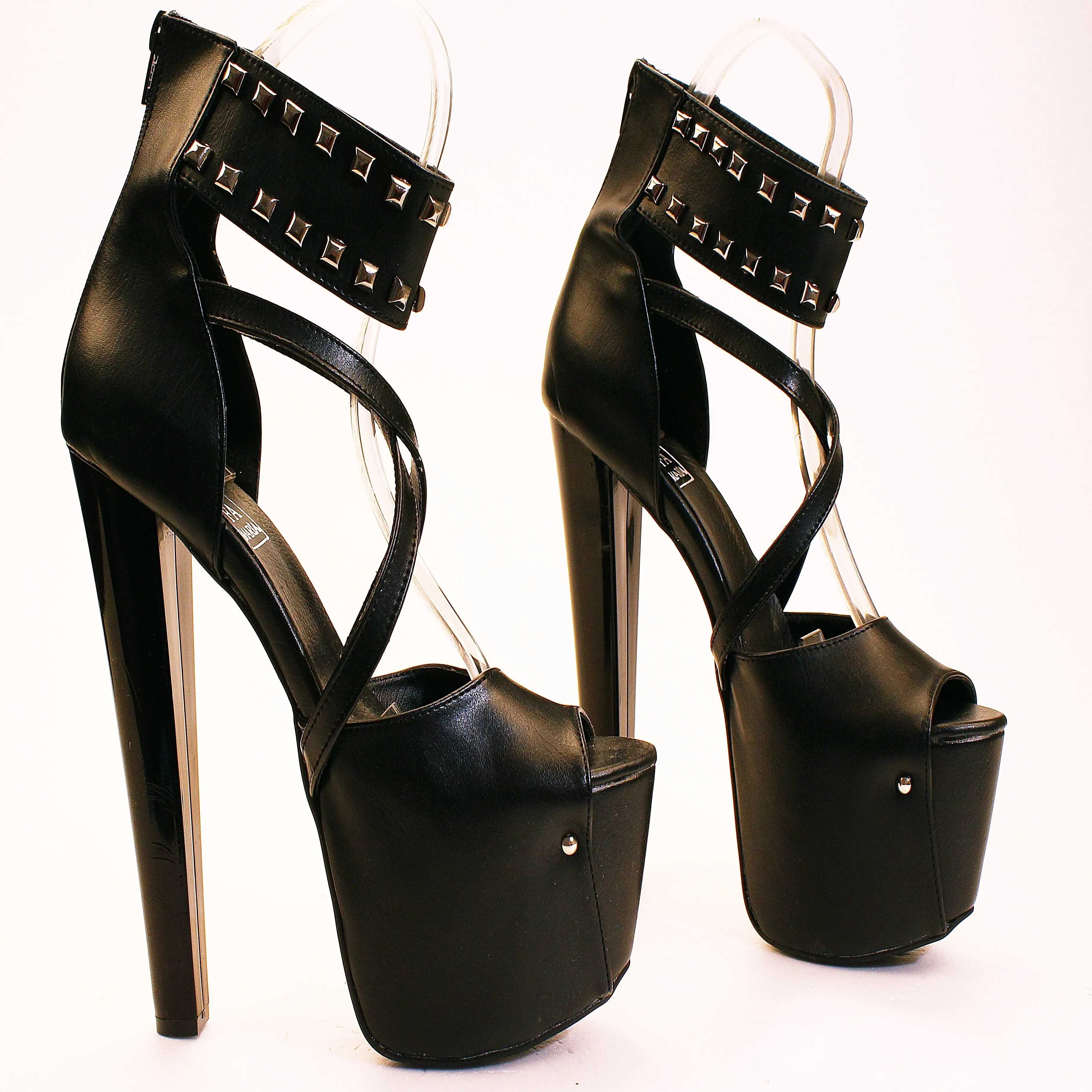 Black Pinned Strap High Heel Platform Ankle Shoes