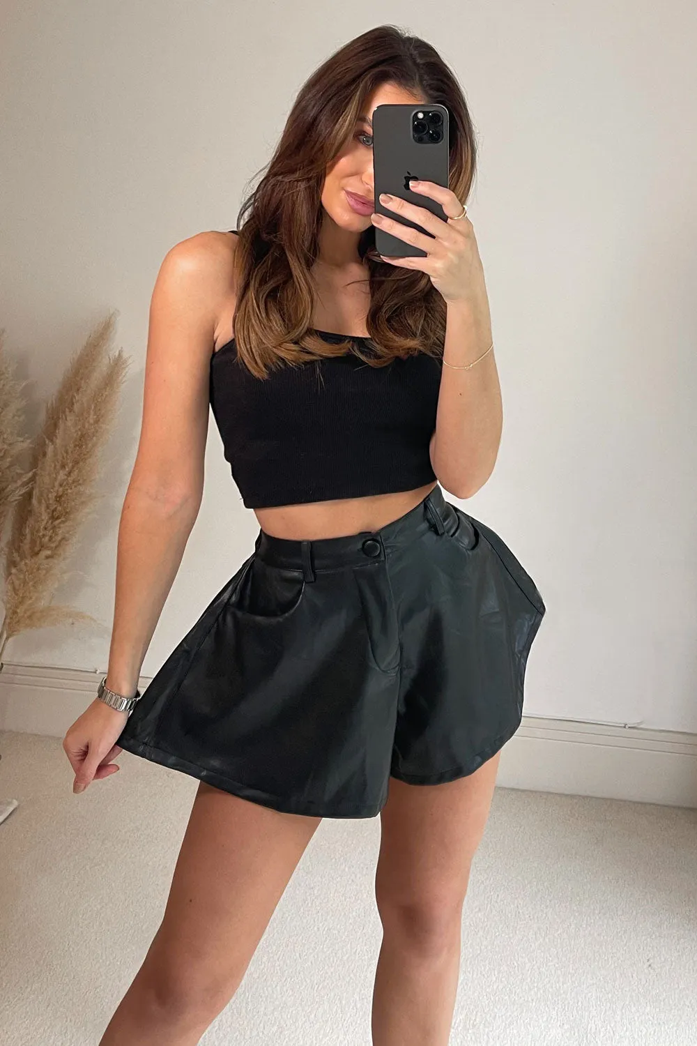 Black PU Faux Leather High Waisted Flared Shorts