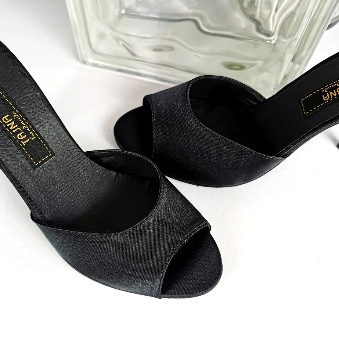 Black Satin Heeled Mules