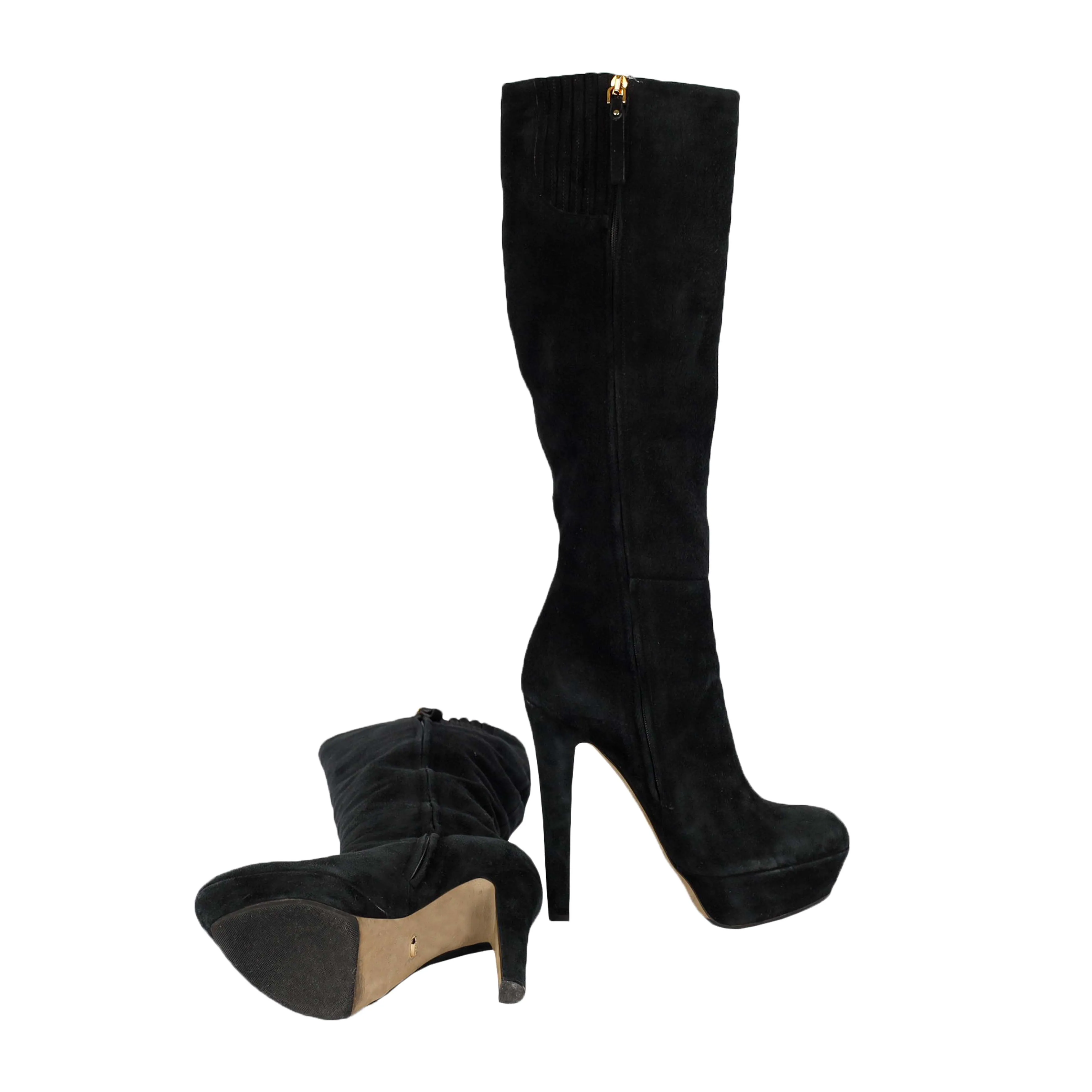 Black Suede Platform Knee High Boots- '20s