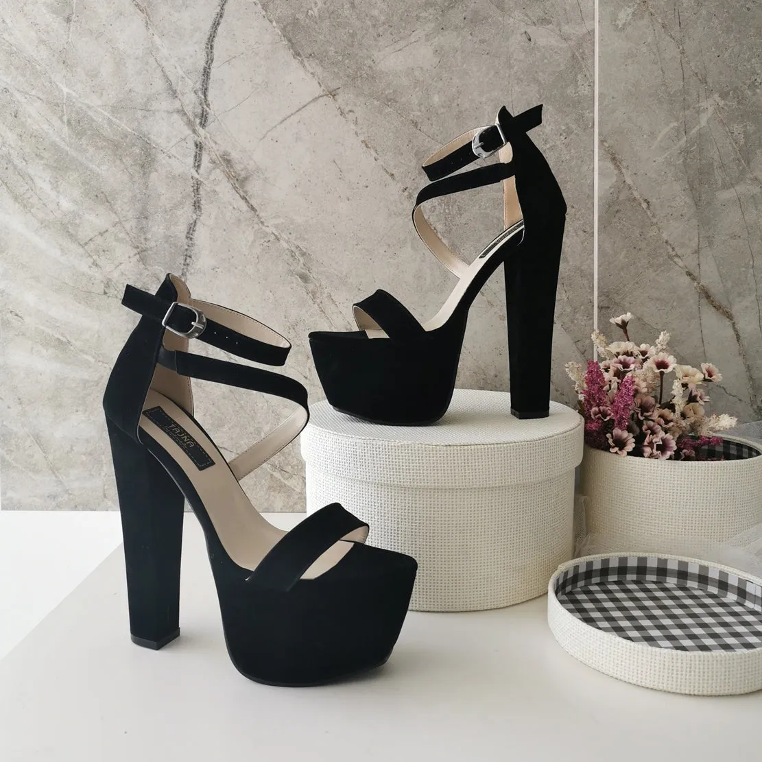 Black Suede Single Strap Platforms