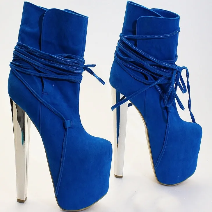 Blue Faux Suede Lace Up Platform Boots