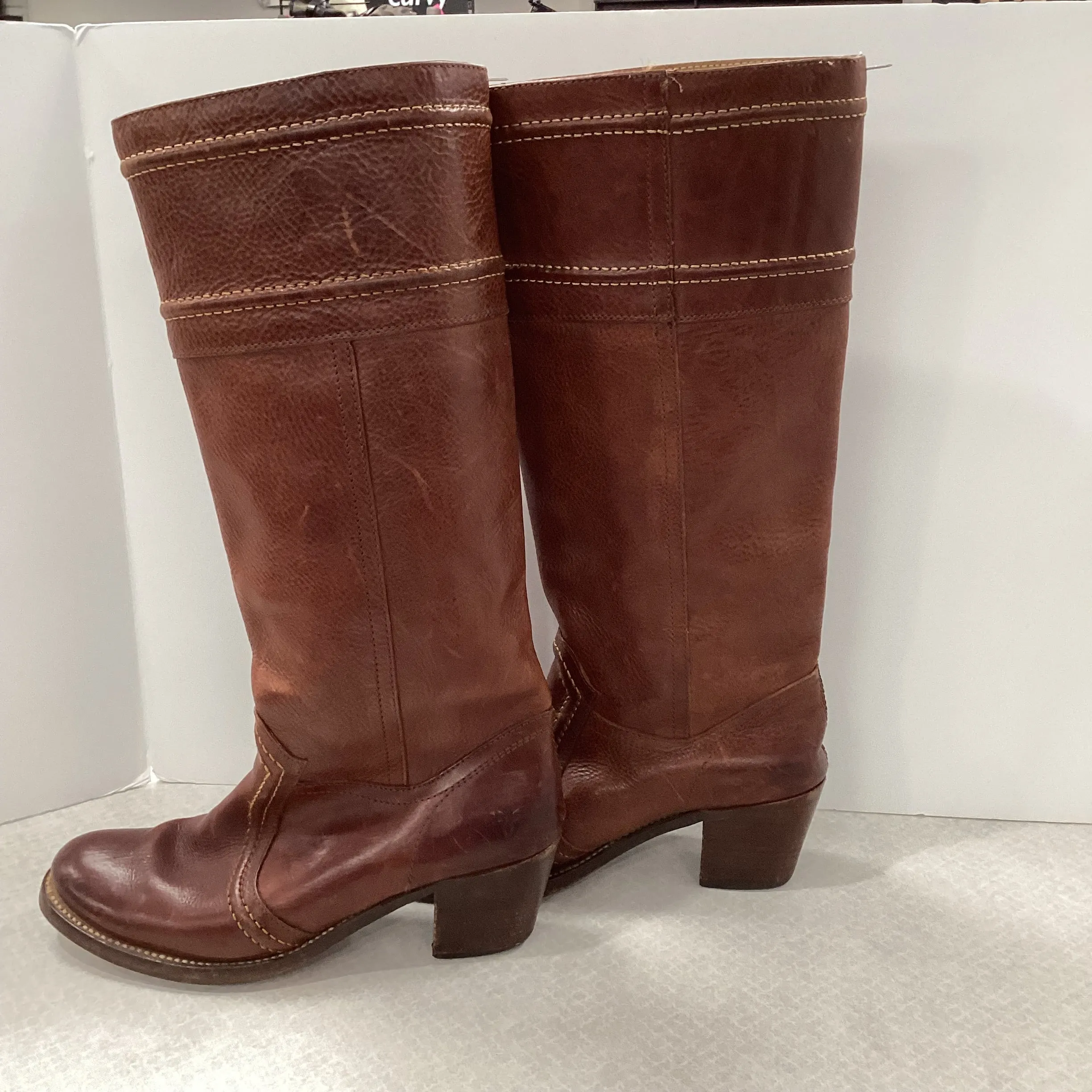 Boots Knee Heels By Frye In Brown, Size: 8.5