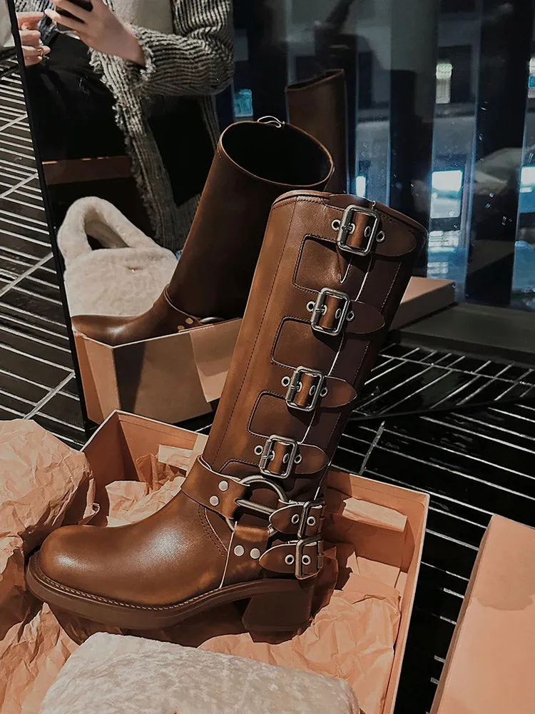 Buckle Leather Chunky Heel Boots