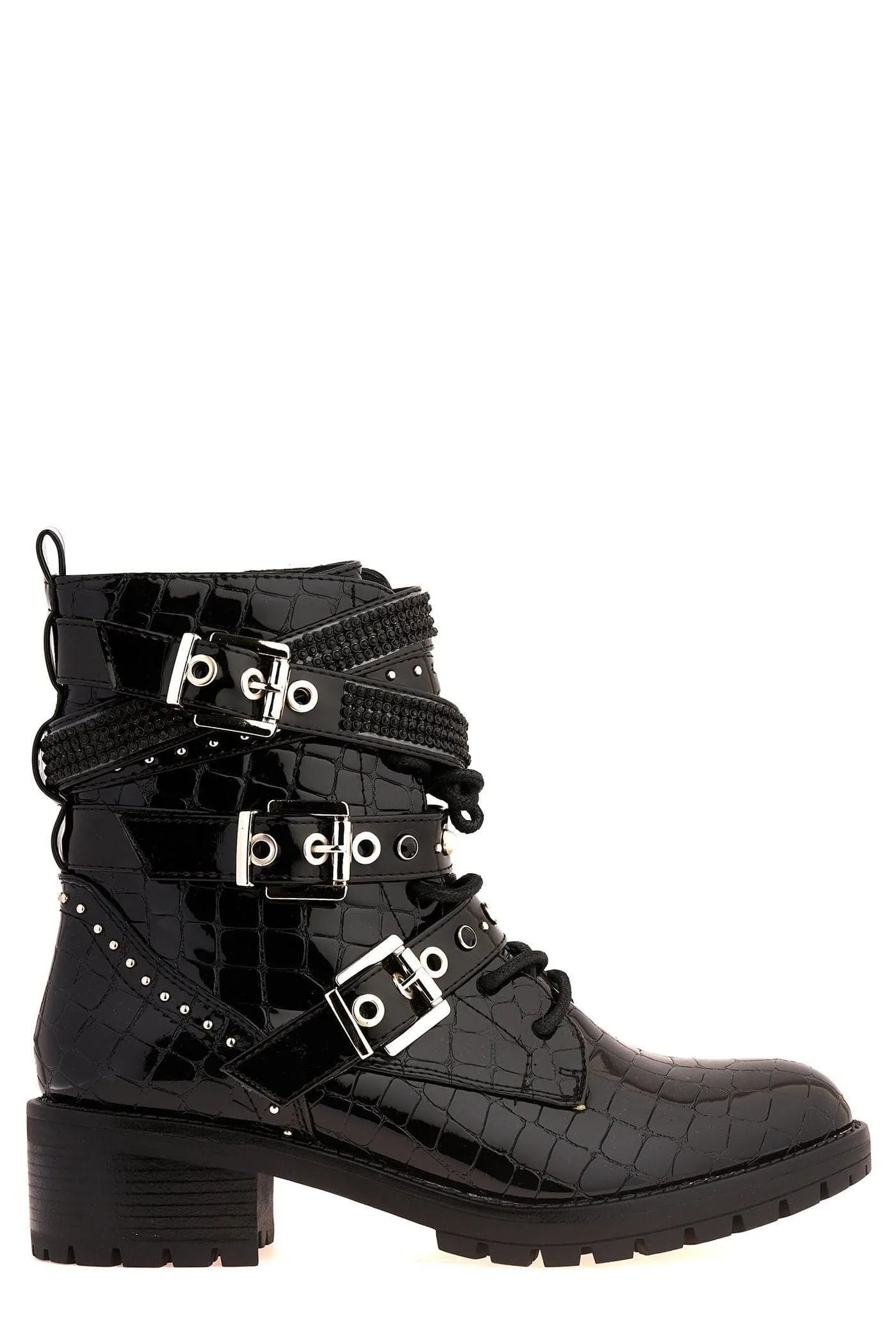 Hailey Diamante Crossover Laceup Biker Boot in Black Croc