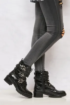 Hailey Diamante Crossover Laceup Biker Boot in Black Croc