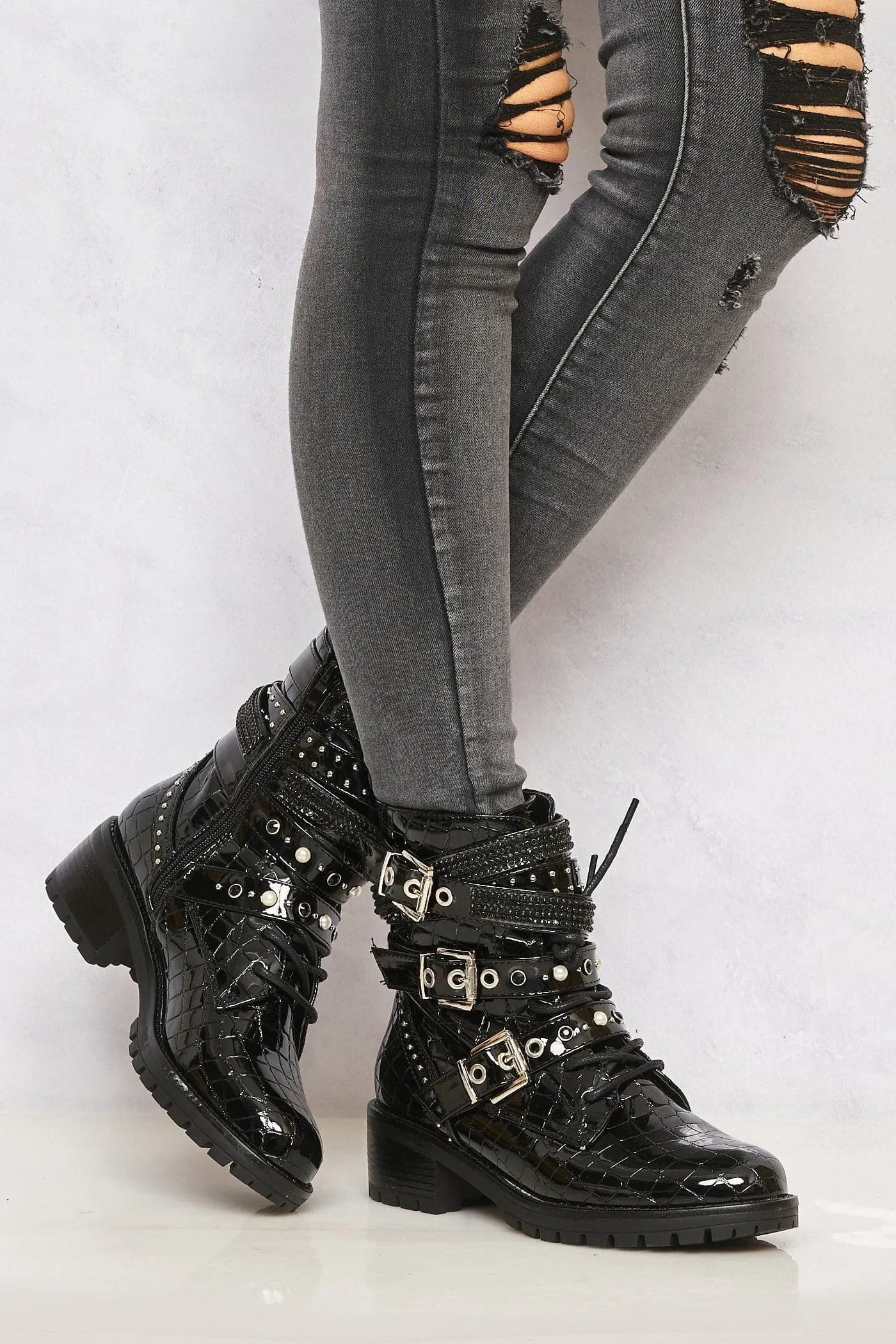 Hailey Diamante Crossover Laceup Biker Boot in Black Croc