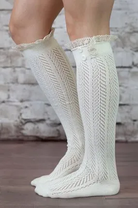 Ivory Boho Boot Socks Crochet Lace Button Top Chevron Weave Knee High