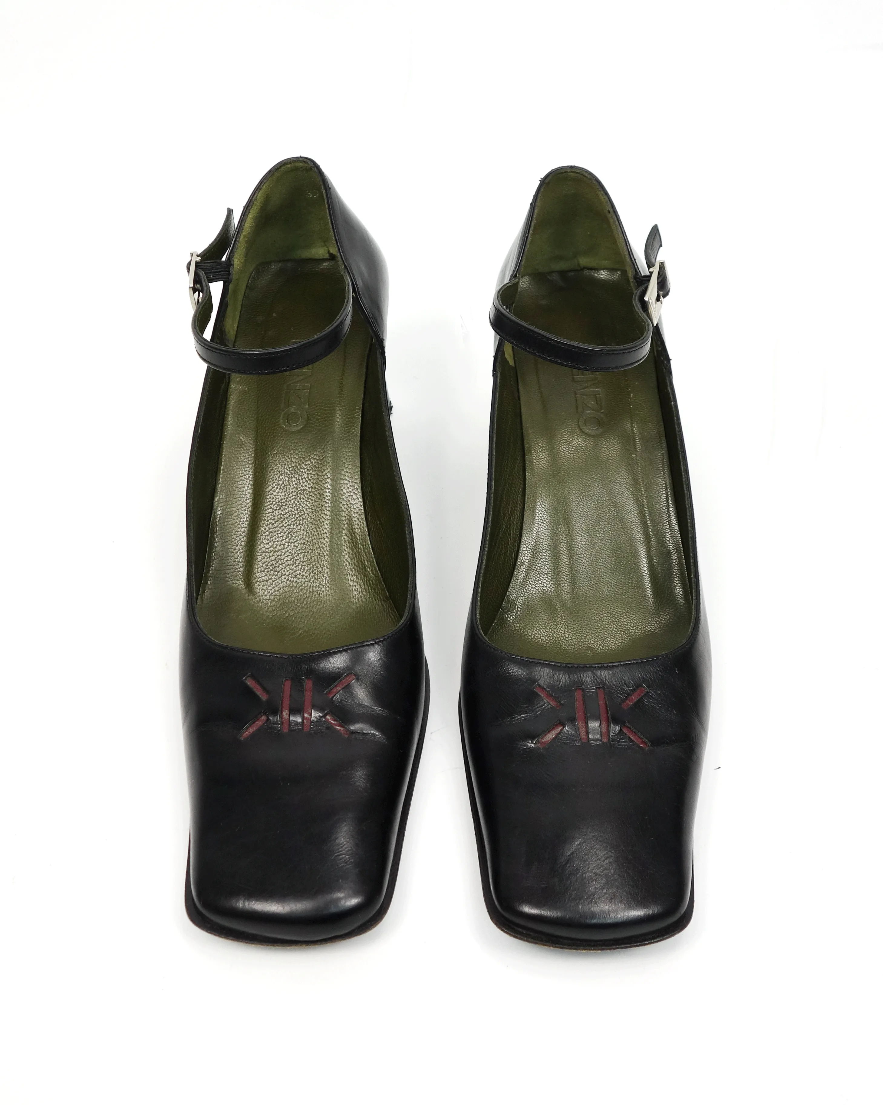 Kenzo 2-Layer Logo Squared Toe Black Leather Heels 2000's