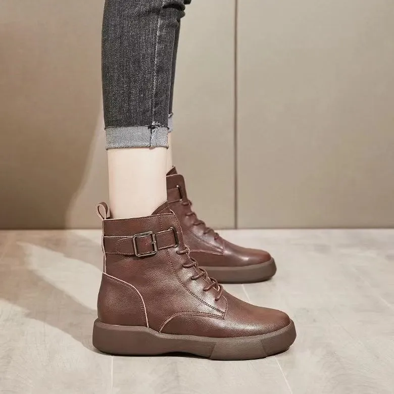 Martin Boots for Women  Autumn and Winter New HOTan and NEWn round Head Thick Bottom Muffin Heel Lace-up Belt Buckle British Style Ankle Boots Women