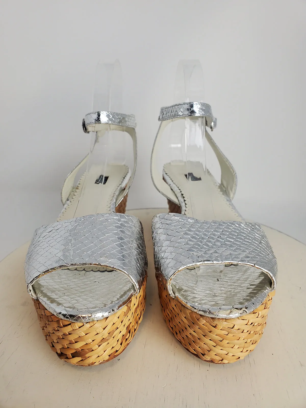 Rafe Size 10/11 Silver Snakeskin Platform Sandals