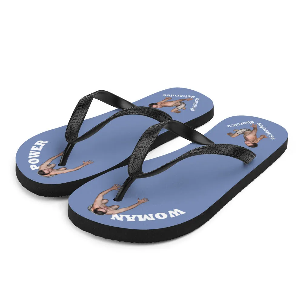 Woman Power Fabric Top Flip Flop Sandal Has Men Bow To Your Toes Blue Gray Color with White Letters (NEW 2023-04)