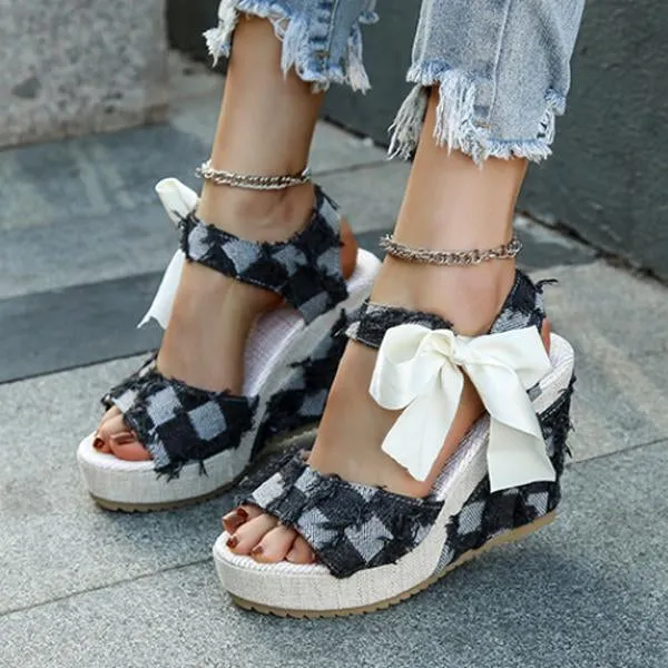 Women's Casual Denim Ribbon Wedge Sandals 50096583S